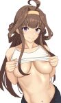  1girl ahoge areola_slip bajitohfu blush breasts brown_hair closed_mouth clothes_lift collarbone double_bun hair_bun hairband highres kantai_collection kongou_(kancolle) large_breasts lifted_by_self long_hair looking_at_viewer navel purple_eyes simple_background smile solo upper_body white_background 