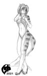  2021 5_fingers anthro anya_rosetti breasts cleavage clothed clothing feet female fingers fish footwear ghostwolf ground_shark hair hi_res high_heels humanoid_hands leopard_shark marine one-piece_swimsuit shark signature sketch solo swimwear toes traditional_media_(artwork) triakid 