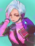  1girl apex_legends apex_legends_mobile aqua_background blue_eyes chest_harness fingerless_gloves gloves grey_hair hand_on_own_head harness highres looking_to_the_side non-humanoid_robot on_shoulder one-eyed pink_eyes pink_gloves pink_sweater portrait rhapsody_(apex_legends) robot rowdy_(apex_legends) short_hair sweater white_hair x-insane 