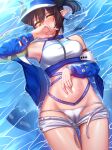  1girl afloat arknights arm_strap ass_visible_through_thighs bare_shoulders bikini blue_jacket blush cameltoe character_request clothes_pull cosplay covering_face hand_on_own_stomach horns jacket kibellin long_sleeves looking_at_viewer medium_hair navel off_shoulder official_alternate_costume open_clothes open_fly open_jacket open_shorts pointy_ears short_hair short_ponytail shorts shorts_pull side_ponytail sideroca_(arknights) sideroca_(arknights)_(cosplay) sideroca_(light_breeze)_(arknights) solo swimsuit visor_cap vrchat white_bikini white_headwear white_shorts yellow_eyes zipper 