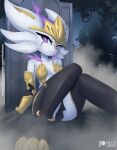  anthro breasts cinderace clothed clothing female fur generation_8_pokemon hi_res legwear looking_at_viewer looking_back looking_back_at_viewer nintendo pokemon pokemon_(species) rilex_lenov solo video_games white_body white_fur 