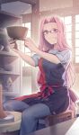  1girl bad_source craft_essence_(fate) fate/grand_order fate_(series) forehead glasses long_hair looking_at_viewer low-tied_long_hair medusa_(fate) medusa_(result_of_the_soil)_(fate) medusa_(rider)_(fate) noko_morokoshi official_alternate_costume pink_eyes pink_hair pottery shirt solo very_long_hair white_shirt 