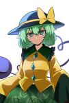  1girl black_headwear buttons closed_mouth collared_shirt diamond_button eyeball floral_print frilled_shirt_collar frills green_eyes green_hair green_skirt hair_between_eyes hat hat_ribbon heart heart_of_string komeiji_koishi looking_at_viewer ribbon rose_print shio_(futatsumami) shirt short_hair simple_background skirt sleeves_past_wrists solo third_eye touhou upper_body white_background wide_sleeves yellow_ribbon yellow_shirt 