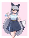  1girl animal_ears aramaru black_dress black_fur bracelet breasts brown_eyes choker cleavage commentary_request dress extra_ears flask fox_ears fox_girl fox_tail highres jewelry kemono_friends kemono_friends_3 large_breasts long_hair looking_at_viewer necklace official_alternate_costume shirt silver_fox_(kemono_friends) solo striped striped_shirt tail very_long_hair 