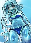  2022 after_transformation bikini bikini_bottom bikini_top blue_body blush bodily_fluids breasts clothing crying day female goo_creature goo_humanoid hair hi_res humanoid humanoid_pointy_ears not_furry open_mouth outside solo swimwear tears tongue tongue_out toribako water 