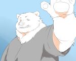  2022 anthro blue_background clothing eyes_closed hi_res humanoid_hands inunoshippo kemono male mammal overweight overweight_male shirt simple_background solo topwear ursid 