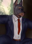  anthro canid canine canis clothing costume ditaflower dobermann domestic_dog hi_res male mammal muscular muscular_male necktie pinscher solo 