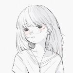  1girl blush collarbone commentary earbuds earphones grey_background head_tilt highres light_smile looking_at_viewer medium_hair monochrome original parted_lips portrait shengdiyu shirt solo spot_color symbol-only_commentary t-shirt 