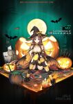  1girl artist_name bat_(animal) black_headwear breasts brown_hair candle candy character_name cleavage copyright_name detached_sleeves english_commentary food full_moon girls&#039;_frontline hat highres jack-o&#039;-lantern lollipop long_hair looking_at_viewer m21_(gatekeeper_of_the_magical_realm)_(girls&#039;_frontline) m21_(girls&#039;_frontline) medium_breasts moon multicolored_hair official_alternate_costume official_art open_mouth promotional_art pumpkin red_eyes red_hair sitting solo striped striped_thighhighs swirl_lollipop thighhighs torn_thighhighs two-tone_hair witch_hat 