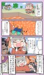  3girls african_penguin_(kemono_friends) animal_costume animal_ear_fluff animal_ears bokoboko_(pandagapanda1) bow bowtie brown_eyes brown_hair chipmunk_costume chipmunk_ears chipmunk_girl chipmunk_tail dress extra_ears fang fox_ears fox_girl fox_tail grey_hair hat highres island_fox_(kemono_friends) kemono_friends kemono_friends_v_project long_hair minecraft molten_rock multicolored_hair multiple_girls orange_hair parody penguin_costume penguin_girl penguin_tail ribbon sandals shirt shoes shorts siberian_chipmunk_(kemono_friends) simple_background sundress tail vest virtual_youtuber yellow_eyes 