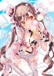  1girl bare_shoulders blush bow breasts brown_eyes cleavage dress food garter_belt hair_ornament hat highres holding holding_food ice_cream kamiya_maneki large_breasts long_hair looking_at_viewer original pink_dress solo thighhighs twintails 