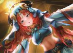  1girl aqua_eyes blue_skirt brooch circlet crop_top detached_sleeves dutch_angle from_below genshin_impact gold_trim harem_outfit highres horns jewelry long_hair looking_at_viewer navel neck_ring nilou_(genshin_impact) outstretched_arms parted_lips raised_eyebrows red_hair rudae skirt solo stomach triangle_mouth twintails veil very_long_hair white_sleeves 
