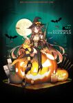  1girl artist_name bat_(animal) black_headwear breasts brown_hair candle candy character_name cleavage copyright_name detached_sleeves english_commentary food full_moon girls&#039;_frontline gun hat highres jack-o&#039;-lantern lollipop long_hair looking_at_viewer m21 m21_(gatekeeper_of_the_magical_realm)_(girls&#039;_frontline) m21_(girls&#039;_frontline) medium_breasts moon multicolored_hair official_alternate_costume official_art promotional_art pumpkin red_eyes red_hair rifle sitting solo striped striped_thighhighs thighhighs two-tone_hair weapon witch_hat 