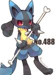  1boy animal_ears animal_feet animal_hands artist_name black_fur blue_fur blush body_fur bone closed_mouth commentary furry furry_male hand_up happy holding holding_bone looking_at_viewer lucario male_focus multicolored_fur pokedex_number pokemon pokemon_(creature) red_eyes shira_(sirairo116) signature smile snout solo spikes standing tail tongue tongue_out twitter_username wolf_boy wolf_ears wolf_tail yellow_fur 