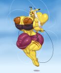  absurd_res anthro ber00 big_penis bulge clothed clothing generation_1_pokemon genital_outline genitals gynomorph hi_res huge_penis hyper hyper_genitalia hyper_penis intersex jump_rope nintendo nipples penis penis_outline pikachu pokemon pokemon_(species) thick_thighs tongue video_games yellow_body 