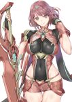  1girl absurdres aegis_sword_(xenoblade) bangs black_gloves breasts chest_jewel earrings fingerless_gloves gem gloves highres jewelry large_breasts lh_2c0 pyra_(xenoblade) red_eyes red_hair short_hair short_shorts shorts solo swept_bangs sword thighhighs tiara weapon xenoblade_chronicles_(series) xenoblade_chronicles_2 