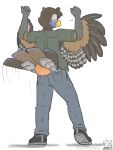  2018 5_fingers anthro avian beak bird blue_body blue_feathers bottomwear brown_body brown_feathers cheek_tuft clothing dancing eyes_closed facial_tuft feathers feet fingers fist flat_colors footwear furgonomics green_clothing green_shirt green_topwear grey_bottomwear grey_clothing grey_pants head_tuft hi_res jay_(sammfeatblueheart) male motion_lines orange_body orange_feathers pants plantigrade raised_arms raised_tail rear_view sammfeatblueheart shirt shoes signature simple_background smile sneakers soles solo tail_feathers topwear trogon trogonid tuft white_background white_body white_feathers winged_arms wings yellow_beak 