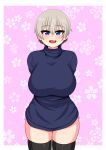  absurdres arms_behind_back black_thighhighs blue_eyes blue_sweater breasts fang flower grey_hair highres large_breasts pink_background sweater the_only_shoe thighhighs turtleneck turtleneck_sweater uzaki-chan_wa_asobitai! uzaki_hana 