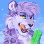  1:1 absurd_res ambiguous_gender anthro bust_portrait cheek_tuft corzh77 facial_tuft fangs felid food fur glistening glistening_eyes green_eyes hair hi_res licking licking_lips licking_own_lips mammal neck_tuft nude open_mouth pantherine popsicle portrait pupils purple_body purple_fur purple_hair red_tongue self_lick simple_background slit_pupils snow_leopard solo spots spotted_body spotted_fur three-quarter_view tongue tongue_out tuft unsigned whiskers 