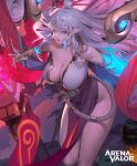  1girl absurdres aqua_eyes arena_of_valor bangs bare_legs bare_shoulders blue_eyes breasts cleavage collar collarbone dynamic_pose eyelashes eyeliner eyeshadow floating_hair gauntlets glowing grey_hair highres holding holding_weapon hyulla large_breasts leaning_forward long_hair makeup official_art open_mouth pelvic_curtain pink_eyeshadow pink_lips pointy_ears red_eyeshadow rope solo swept_bangs teeth thick_thighs thighs very_long_hair weapon 