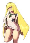  1girl absurdres black_panties blonde_hair breasts bright_pupils closed_mouth clothes_lift covered_navel covered_nipples dress dress_lift green_eyes highres licking_lips lifted_by_self long_hair looking_at_viewer lusamine_(pokemon) medium_breasts panties penguru_086 pokemon pokemon_(game) pokemon_sm simple_background smile solo standing standing_on_one_leg tongue tongue_out underwear very_long_hair white_background white_dress 