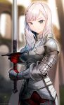  1girl armor braid braided_bangs breastplate earrings full_armor gauntlets grey_hair hair_ornament highres holding holding_weapon hololive hololive_indonesia jewelry knight long_hair looking_at_viewer pavolia_reine shoulder_armor solo sword tungsten_(kwfr4544) virtual_youtuber weapon 