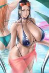  2girls artist_name ass bikini black_hair blue_bikini blue_choker blue_eyes breasts choker collar commentary earrings english_commentary eyewear_on_head from_behind green_bikini highleg highleg_bikini highres hoop_earrings huge_breasts jewelry long_hair looking_at_viewer multiple_girls nami_(one_piece) navel nico_robin one_eye_closed one_piece paid_reward_available parted_lips sarong see-through solo_focus standing sunglasses swimsuit wading water wtparadise 