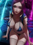  1girl artist_name bikini blue_bikini breasts cleavage commentary english_commentary fishnet_thighhighs fishnet_top fishnets green_eyes large_breasts league_of_legends legs_together lolliedrop long_hair looking_at_viewer paid_reward_available parted_lips patreon_username purple_hair signature sitting solo sona_(league_of_legends) swimsuit thighhighs very_long_hair web_address 