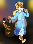  2022 3:4 anthro black_nose blue_clothing blue_dress blue_eyes candy clothing dessert dress eating felid female food halcy0n halloween hi_res holding_candy holding_food holding_object holding_shopping_bag holidays looking_aside mammal pantherine simple_background smile solo tiger 