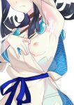  armpits blue_hair blue_ribbon breasts choker cum cum_on_armpits cum_on_body cum_on_breasts dark_blue_hair fate/grand_order fate_(series) hands_up head_out_of_frame highres medium_breasts morisobo nipples ribbon shirt utsumi_erice white_shirt 