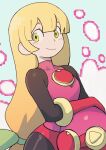  1girl blonde_hair blush bodysuit breasts colo_(nagrolaz) english_commentary gloves green_eyes headwear_removed helmet helmet_removed highres leotard long_hair looking_at_viewer mega_man_(series) mega_man_battle_network pink_bodysuit pink_gloves pink_leotard roll.exe_(mega_man) simple_background smile solo 