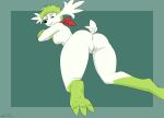 2022 3_toes anthro anus black_nose breasts butt digital_media_(artwork) feet female generation_4_pokemon genitals green_background green_body green_hair hair halcy0n hi_res kerchief kerchief_only legendary_pokemon looking_at_viewer mostly_nude neckerchief neckerchief_only nintendo nipples pokemon pokemon_(species) pussy raised_tail shaymin simple_background smile solo toes video_games white_body 