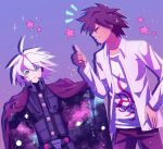  2boys ahoge bangs cheer_(cheerkitty14) closed_mouth collarbone cowboy_shot danganronpa_(series) danganronpa_v3:_killing_harmony facial_hair facing_another frown goatee grin hair_between_eyes hand_on_hip jacket jacket_on_shoulders keebo male_focus momota_kaito multiple_boys notice_lines open_clothes open_shirt outline pants pink_hair pink_jacket pink_pants power_armor print_jacket print_shirt shirt smile space_print star_(symbol) starry_sky_print teeth thumbs_up white_hair white_outline white_shirt 