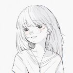  1girl blush collarbone commentary earbuds earphones grey_background head_tilt highres looking_at_viewer medium_hair monochrome original parted_lips portrait shengdiyu shirt smile solo spot_color symbol-only_commentary t-shirt 