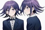  2boys alternate_costume bangs black_bow black_bowtie black_jacket bow bowtie closed_mouth collared_shirt commentary_request danganronpa_(series) danganronpa_v3:_killing_harmony dress_shirt dual_persona flipped_hair grey_eyes hair_between_eyes highres jacket looking_at_viewer medium_hair multiple_boys open_clothes open_jacket ouma_kokichi portrait purple_hair shiny shiny_hair shirt simple_background urami0310 white_background white_shirt 