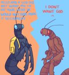  2021 ambiguous_gender antennae_(anatomy) apode arthropod backpack beanysprout blue_eyes brown_body dark_blue_body digital_media_(artwork) draconcopode duo english_text giant_armored_serpentid insect lamia legless looking_at_viewer mandibles mantis mantis_arms red_eyes reptile scalie serpentine shaded simple_background simple_shading snake space_station_13 split_form text video_games 
