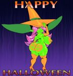 big_breasts big_butt bodypaint breasts butt clothing dart_(thecon) female goblin green_body green_skin halloween hat headgear headwear hi_res holidays humanoid looking_at_viewer looking_back looking_back_at_viewer nipples not_furry solo thecon witch_hat 