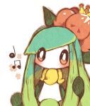  1girl bangs blush bright_pupils colored_skin commentary crown flat_chest flower green_hair hair_flower hair_ornament hand_up lilligant long_hair looking_at_viewer mini_crown monster_girl musical_note no_mouth orange_eyes plant_girl playing_with_own_hair pokemon pokemon_(creature) red_flower shira_(sirairo116) sidelocks simple_background sketch solo standing straight-on swept_bangs upper_body white_background white_pupils white_skin yellow_headwear 