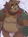  2022 anthro asian_clothing belly brown_body bulge canid canine clothing east_asian_clothing fundoshi hi_res humanoid_hands japanese_clothing kemono male mammal moobs navel nipples overweight overweight_male raccoon_dog sanzou_zzz solo tanuki underwear white_clothing white_fundoshi white_underwear 