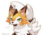  =3 animal_focus artist_name blush brown_outline closed_mouth commentary fangs fangs_out green_eyes light_blush lycanroc lycanroc_(dusk) no_humans pokemon pokemon_(creature) shira_(sirairo116) signature simple_background solo twitter_username upper_body white_background 