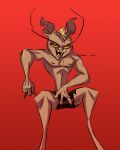  2021 anthro bottomwear canid canine cigarette clothed clothing female fluttershythekind gesture hi_res looking_at_viewer madeline_gevaudan mammal nipples red_background shorts simple_background sitting solo spread_legs spreading suggestive suggestive_gesture tongue tongue_out topless topless_female were werecanid werecanine werewolf 