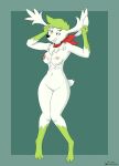  2022 anthro black_nose breasts female forced forced_smile forced_transformation generation_4_pokemon genitals goo_transformation green_background green_eyes green_hair hair halcy0n hi_res legendary_pokemon navel neckerchief nintendo nipples pokemon pokemon_(species) pussy shaymin simple_background smile solo standing suit_transformation transformation video_games 