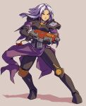  1girl adepta_sororitas armor bolter breasts commentary daniel_fielding english_commentary full_body gun medium_breasts multicolored_hair purple_hair serious shoulder_armor solo streaked_hair two-tone_hair v-shaped_eyebrows warhammer_40k weapon white_hair 