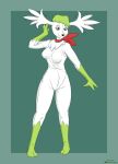  2022 breasts clothing costume digital_media_(artwork) female fursuit generation_4_pokemon green_background green_eyes green_hair hair halcy0n hi_res humanoid legendary_pokemon neckerchief nintendo not_furry pokemon pokemon_(species) shaymin simple_background smile solo standing video_games white_body zipper 