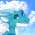  1:1 anthro black_eyebrows blue_body blue_eyes blue_fur blue_horn blue_pupils blue_sky cheek_tuft cloud corzh77 dragon eyebrows facial_tuft fangs female fur furred_dragon glistening glistening_eyes grin hair happy headshot_portrait hi_res horn looking_at_viewer neck_tuft nude portrait pupils ridged_horn sky smile solo tuft unsigned white_body white_fur white_hair 