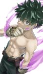  1boy absurdres belt boku_no_hero_academia bright_pupils covering_mouth fengling_(furin-jp) freckles gloves green_eyes green_hair green_pants hand_up highres looking_at_viewer male_focus midoriya_izuku pants pouch simple_background smoke solo standing toned toned_male topless_male torn_clothes utility_belt white_background white_pupils 