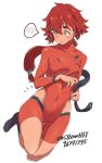  1girl ahoge black_hairband blush bodysuit breasts closed_mouth commentary_request covered_navel embarrassed grey_eyes gundam gundam_suisei_no_majo hairband hairband_removed highres hip_vent long_hair low_ponytail orange_bodysuit red_hair showhey!! suletta_mercury thick_eyebrows 