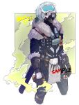  1boy absurdres aged_down animification apex_legends black_gloves black_jacket black_pants blackheart_caustic border caustic_(apex_legends) chinese_commentary explosive fur-trimmed_gloves fur-trimmed_jacket fur_trim gas gas_mask gloves goggles goggles_on_head green_eyes grenade grey_hair highres holding holding_grenade jacket looking_at_viewer male_focus mask namalesi outside_border pants redesign sample_watermark short_hair smoke_grenade solo white_border 