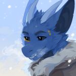  1:1 absurd_res anthro black_eyes blue_body blue_ears blue_fur breath brown_clothing brown_jacket brown_topwear bust_portrait cheek_tuft clothed clothing corzh77 dragon facial_tuft fur furred_dragon hi_res horn jacket jek_(character) male narrowed_eyes neck_tuft portrait pupils simple_background solo teeth topwear tuft unsigned white_horn white_pupils 