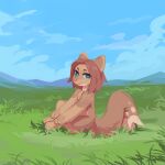  1:1 absurd_res anthro blue_eyes blue_sky brown_body brown_fur brown_hair corzh77 dragon eyelashes female full-length_portrait fur furred_dragon glistening glistening_hair grass hair hi_res mouth_closed nude outside plant portrait side_view sitting sky solo unsigned 